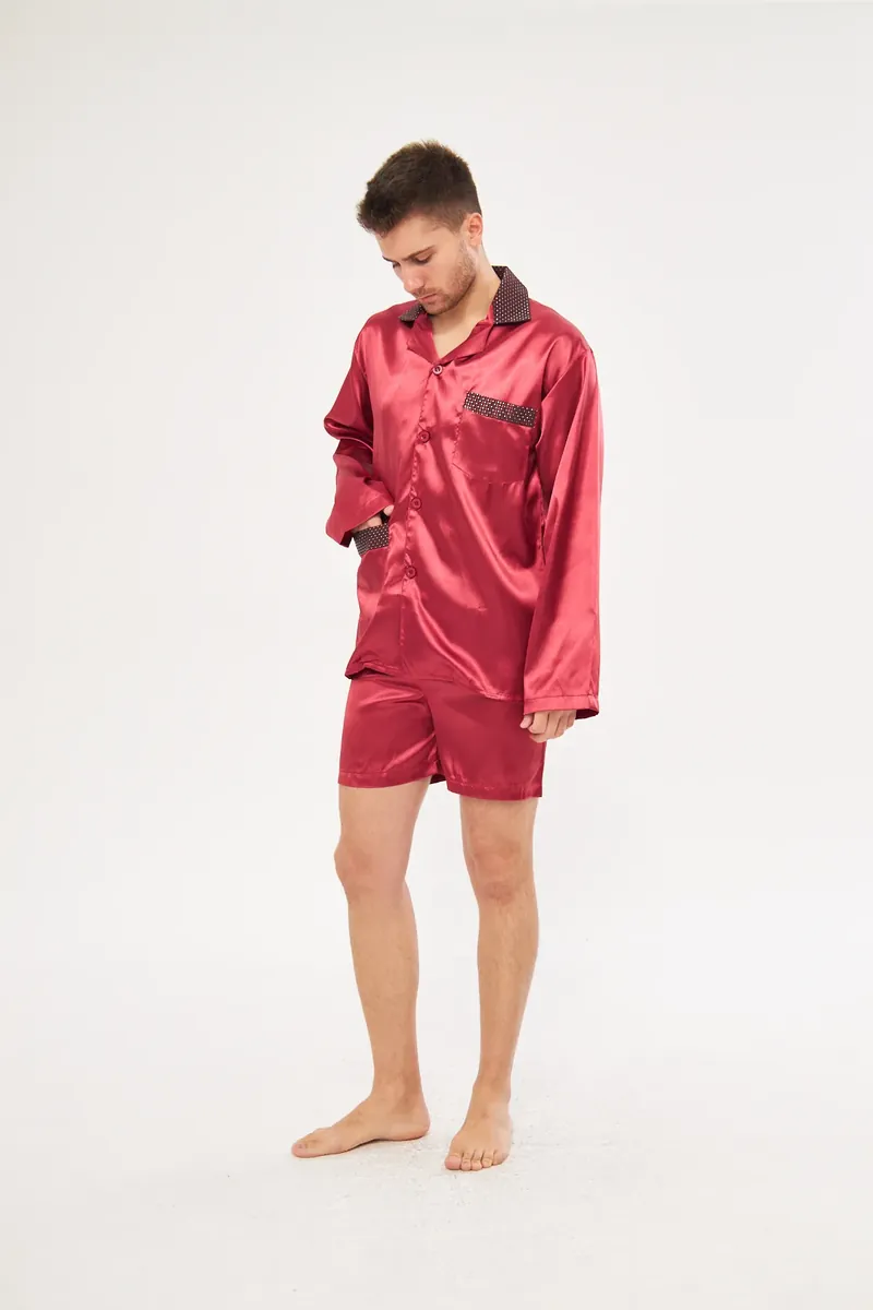 Erkek saten pijama takımı, bordo