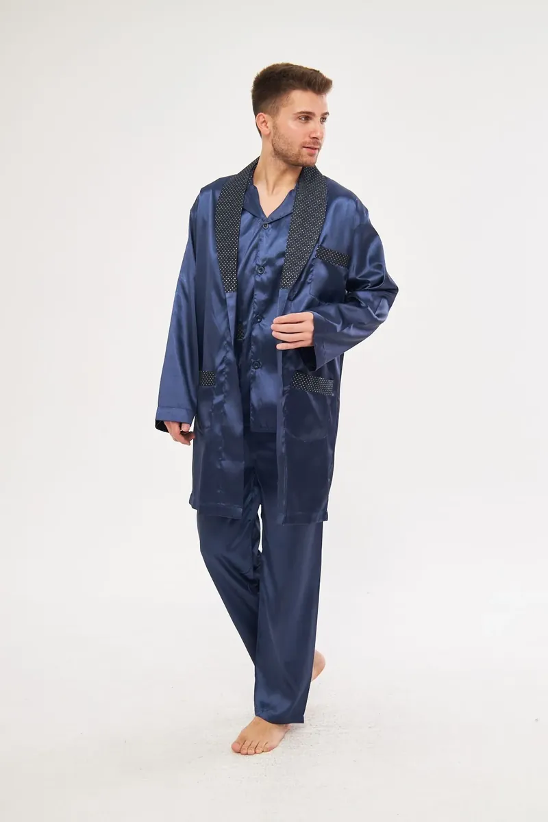 Erkek saten sabahlıklı pijama seti, lacivert