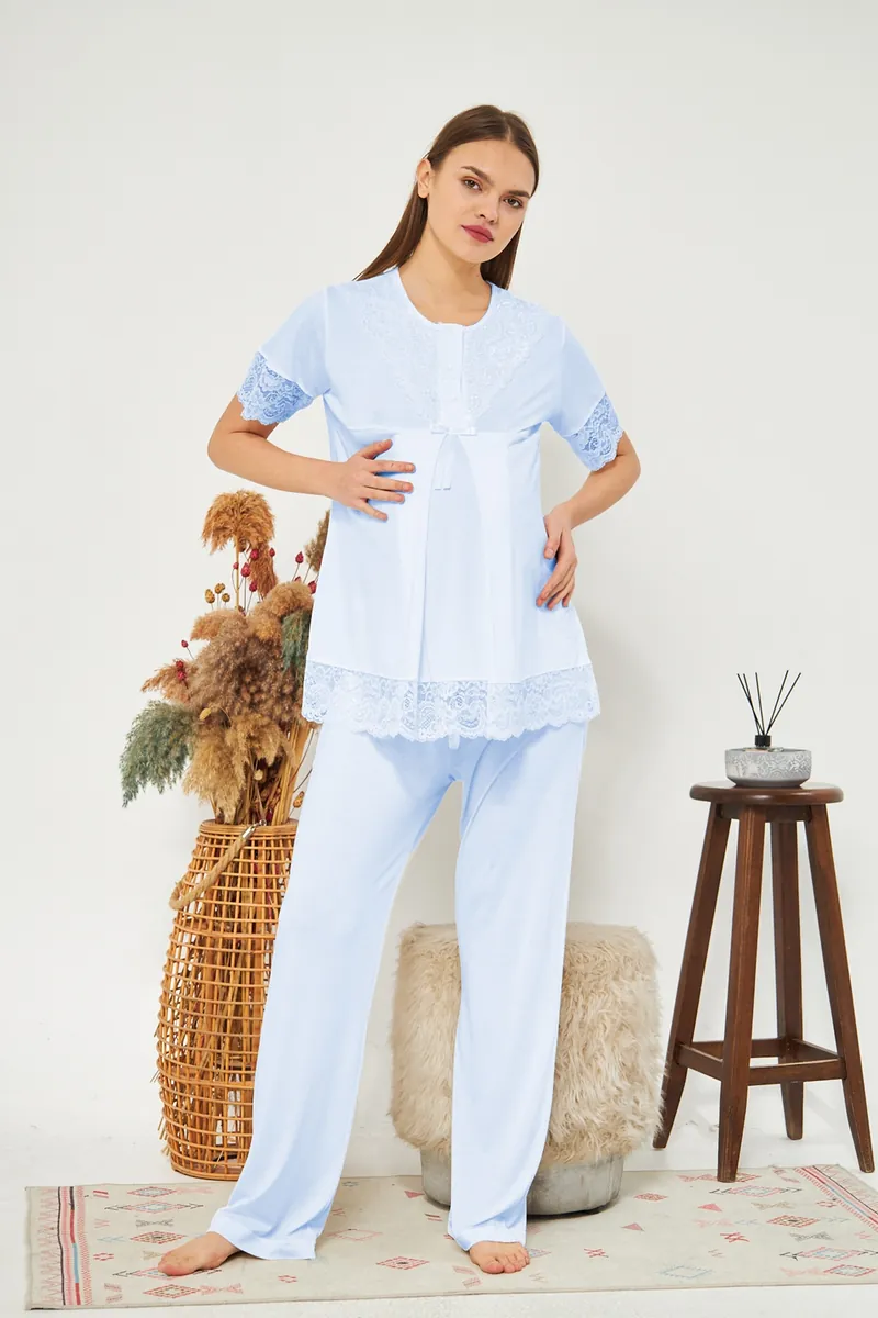 Kısa kollu hamile ve lohusa pijama takımı, mavi