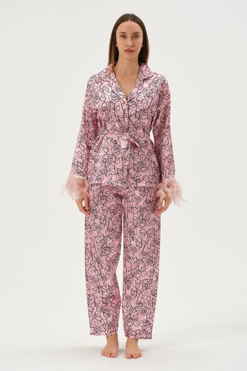 Saten gül desenli tüylü pembe 2'li pijama takımı